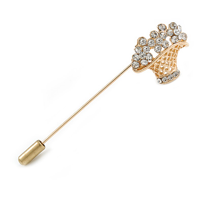 Gold Tone Clear Crystal Floral Basket Lapel, Hat, Suit, Tuxedo, Collar, Scarf, Coat Stick Brooch Pin - 60mm L