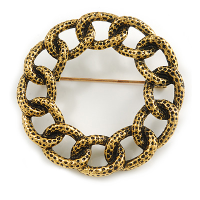 Vintage Inspired Textured Wreath Brooch In Aged Gold Tone Metal - 45mm Diameter