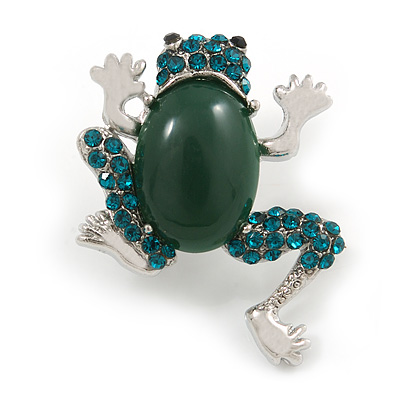 Small Green Crystal Frog Brooch In Silver Tone - 35mm Tall