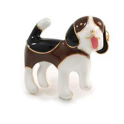 Brown/Black/White Enamel Beagle Puppy Dog Brooch in Gold Tone - 30mm Across