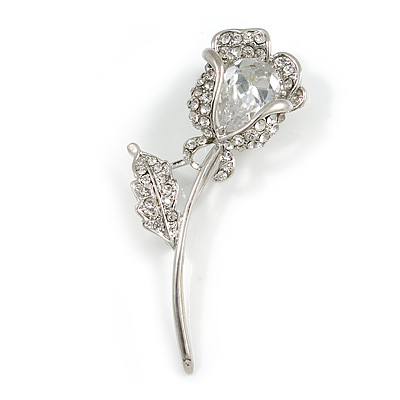 Exquisite CZ Clear Crystal Rose Brooch In Silver Tone - 70mm Tall