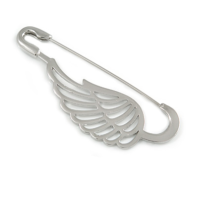 Medium Polished Silver Tone Wing Safety Pin Brooch In Silver Plating - 60mm L - main view