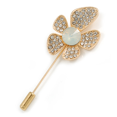 Gold Tone Clear Crystal Assymetrical Flower Lapel, Hat, Suit, Tuxedo, Collar, Scarf, Coat Stick Brooch Pin - 65mm L