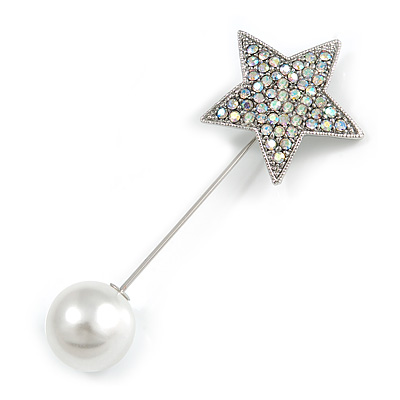 AB Crystal Star, Pearl Bead Lapel, Hat, Suit, Tuxedo, Collar, Scarf, Coat Stick Brooch Pin In Silver Tone Metal - 70mm L - main view