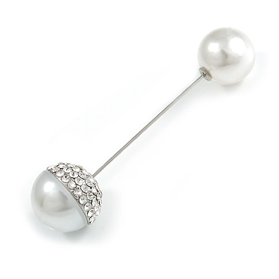Crystal Acorn with Pearl Bead Lapel, Hat, Suit, Tuxedo, Collar, Scarf, Coat Stick Brooch Pin In Silver Tone Metal - 75mm L