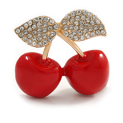 Red Enamel Clear Crystal Double Cherry Brooch In Gold Tone - 35mm Across