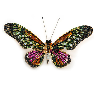 Statement Multicoloured Crystal Butterfly Brooch In Gold Tone - 85mm Across - main view