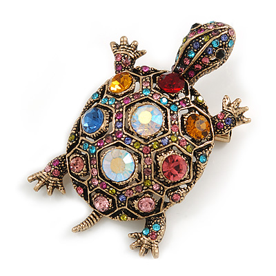 Vintage Inspired Multicoloured Crystal Turtle Brooch in Aged Gold Tone Metal - 60mm Long
