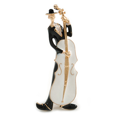 Black/ White Enamel Сontrabass Cello Player Brooch In Gold Tone - 65mm Tall