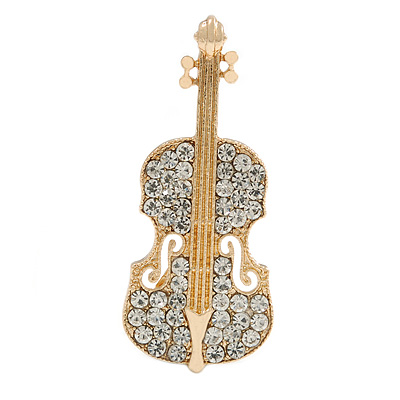 Gold Tone Clear Crystal Cello Violin Viola  Music Brooch - 60mm Long
