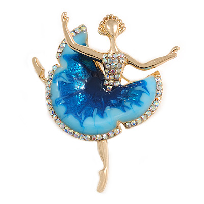 AB Crystal Blue Enamel Ballerina Brooch In Gold Tone Metal - 47mm Tall