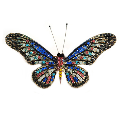Statement Multicoloured Crystal Butterfly Brooch In Gold Tone - 85mm Across - main view