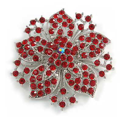 Statement Corsage Red Crystal Flower Brooch In Silver Tone Metal - 55mm Diameter - main view