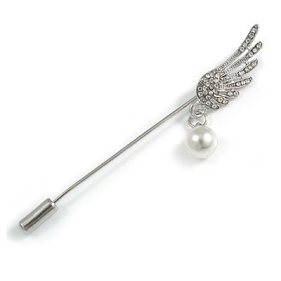 Silver Tone Clear Crystal Wing with Pearl Bead Lapel, Hat, Suit, Tuxedo, Collar, Scarf, Coat Stick Brooch Pin - 65mm L
