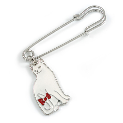 Medium Safety Pin with White Enamel Cat Charm Brooch In Silver Tone - 60mm Across