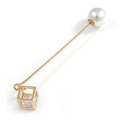 Pearl Bead and Square Charm with CZ Lapel, Hat, Suit, Tuxedo, Collar, Scarf, Coat Stick Brooch Pin in Gold Tone - 60mm L
