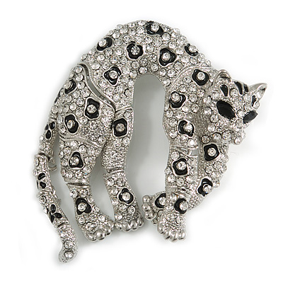 Large Stunning Black Enamel, Clear Austrian Crystal Panther Brooch In Silver Tone Finish - 65mm Across