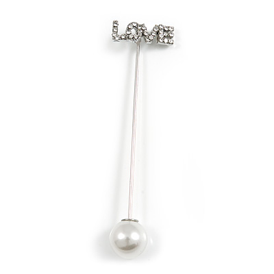 Clear Crystal 'LOVE' with White Faux Peal Lapel, Hat, Suit, Tuxedo, Collar, Scarf, Coat Stick Brooch Pin in Silver Tone - 65mm L