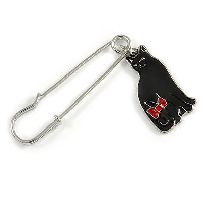 Medium Safety Pin with Black Enamel Cat Charm Brooch In Silver Tone - 60mm Across