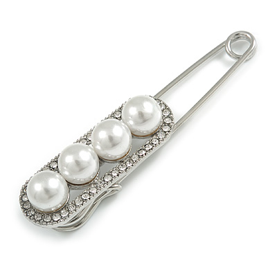 Large Clear Crystal White Faux Pearl Oval Safety Pin Brooch In Silver Tone - 70mm L