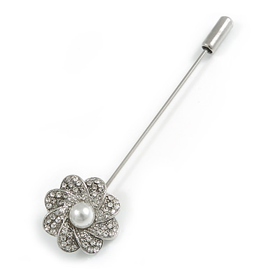 Silver Tone Clear Crystal White Faux Pearl Flower Lapel, Hat, Suit, Tuxedo, Collar, Scarf, Coat Stick Brooch Pin - 70mm L