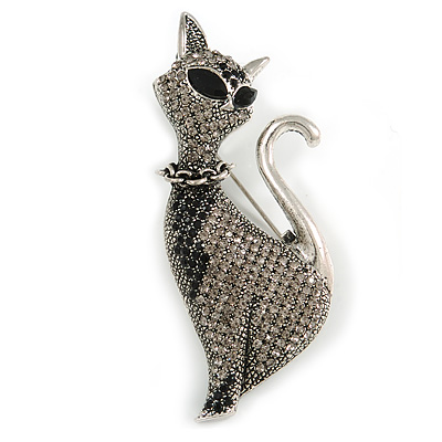 Black/ Grey Crystal Kitty/ Cat Brooch In Silver Tone Metal - 70mm Tall