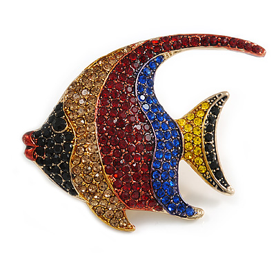 Statement Multicoloured Crystal Fish Brooch In Gold Tone - 55mm Long - main view