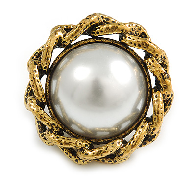 Vintage Inspired Pearl Button Brooch in Aged Gold Tone - 30mm Diameter