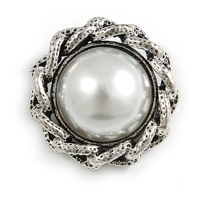 Vintage Inspired Pearl Button Brooch in Aged Silver Tone - 30mm Diameter - main view
