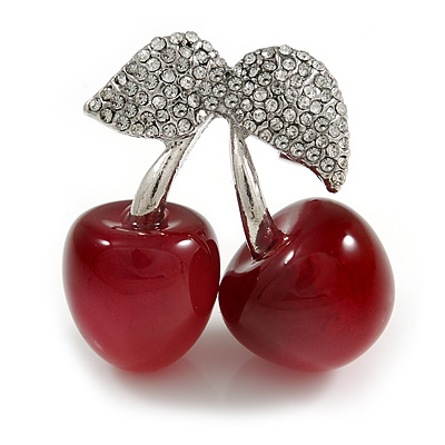 Clear Crystal Red Resin Double Cherry Brooch In Silver Tone - 35mm Tall