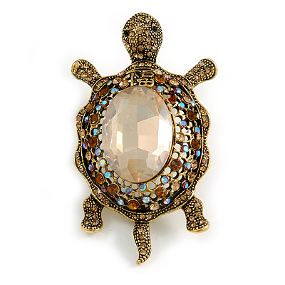 Stunning AB/ Champagne/ Topaz Crystal Turtle Brooch In Aged Gold Tone - 75mm Long