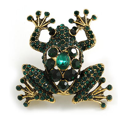 Vintage Inspired Dark Green Crystal Frog Brooch in Aged Gold Tone - 50mm Tall