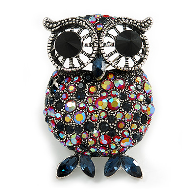 Vintage Inspired Red/ Blue Crystal Owl Brooch In Aged Silver Tone - 50mm Tall