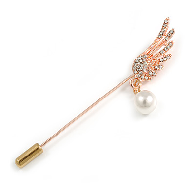 Rose Gold Tone Clear Crystal Wing with Pearl Bead Lapel, Hat, Suit, Tuxedo, Collar, Scarf, Coat Stick Brooch Pin - 65mm L