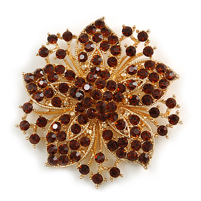 Statement Corsage Topaz Crystal Flower Brooch In Gold Tone Metal - 55mm Diameter