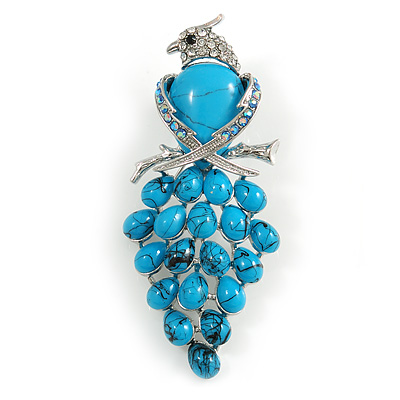 Stunning Turquoise Stone & Clear/ AB Crystal Bird Brooch In Silver Tone - 70mm Tall