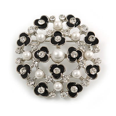 Vintage Inspired Crystal Faux Pearl Floral Round Brooch In Rhodium Plated Metal - 35mm Diameter