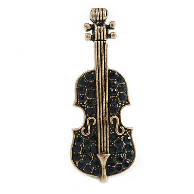 Vintage Inspired Aged Gold Tone Midnight Blue Crystal Violin Musical Instrument Brooch - 45mm Tall