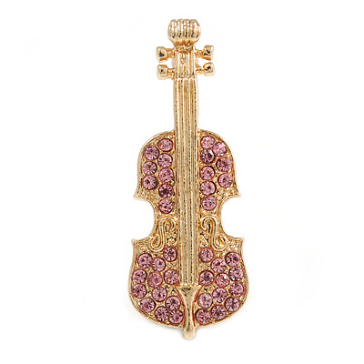 Gold Tone Pink Crystal Violin Musical Instrument Brooch - 45mm Tall - main view
