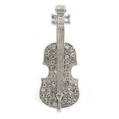 Silver Tone Clear Crystal Violin Musical Instrument Brooch - 45mm Tall