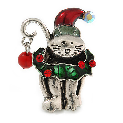 Vintage Inspired Christmas Cat Brooch In Aged Silver Tone - 35mm Tall - main view