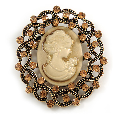 Vintage Inspired Topaz Crystal Beige Cameo Brooch In Aged Gold Metal - 50mm Tall
