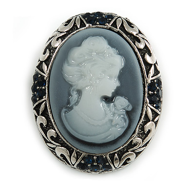 Vintage Inspired Dark Blue Crystal Grey Cameo Brooch In Silver Tone - 40mm Tall - main view