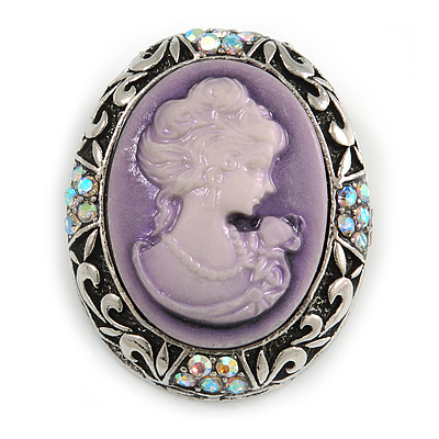 Vintage Inspired AB Crystal Lilac Cameo Brooch In Aged Silver Tone - 40mm Tall - main view