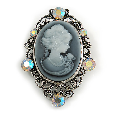 Oval Filigree AB Crystal Grey Cameo Brooch In Aged Silver Tone - 50mm Tall - main view