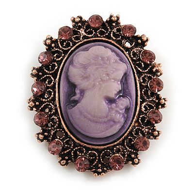 Vintage Inspired Filigree Oval Lilac Cameo Crystal Brooch in Bronze Tone - 40mm Tall
