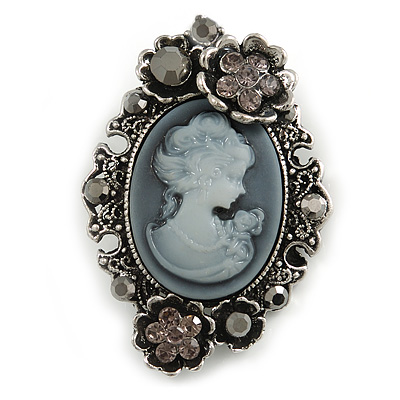 Vintage Inspired Grey/ Hematite Diamante Cameo Brooch in Aged Silver Tone  - 55mm Long