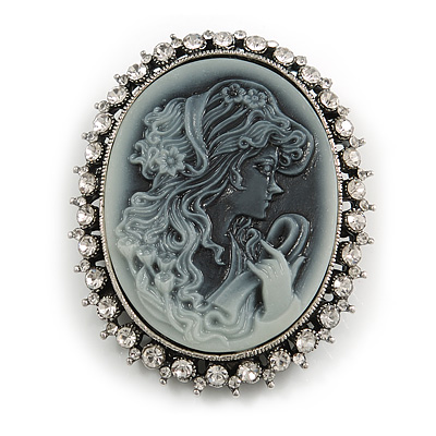 Vintage Inspired Clear Crystal Grey Cameo Brooch In Antique Silver Tone - 55mm L