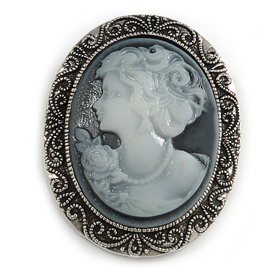 Vintage Inspired Filigree Grey Cameo Brooch In Antique Silver Tone - 45mm L