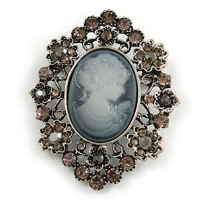 Vintage Inspired Filigree Grey Crystal Cameo Brooch In Antique Silver Tone - 50mm L